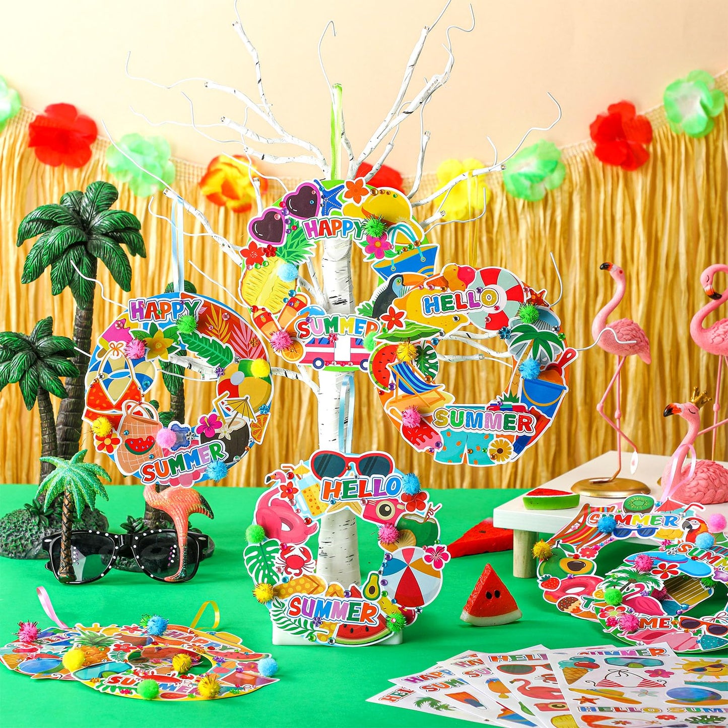 Hollowfly 48 Sets Summer Wreath Craft Kits Hello Summer DIY Hanging Ornaments Luau Decor Make Your Own Hawaiian Paper Craft with