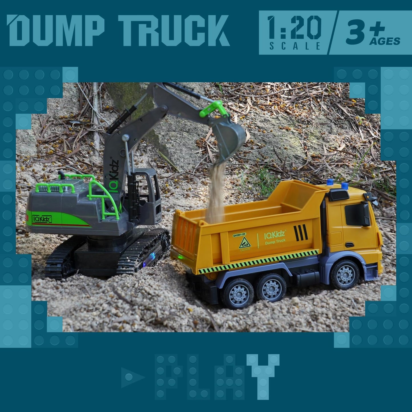 IQKidz Remote Control Dump Truck Toys - RC Construction Vehicles with Blue Warning Lights, Trucks Toy for Boys Girls 3 4 5-7 8 9