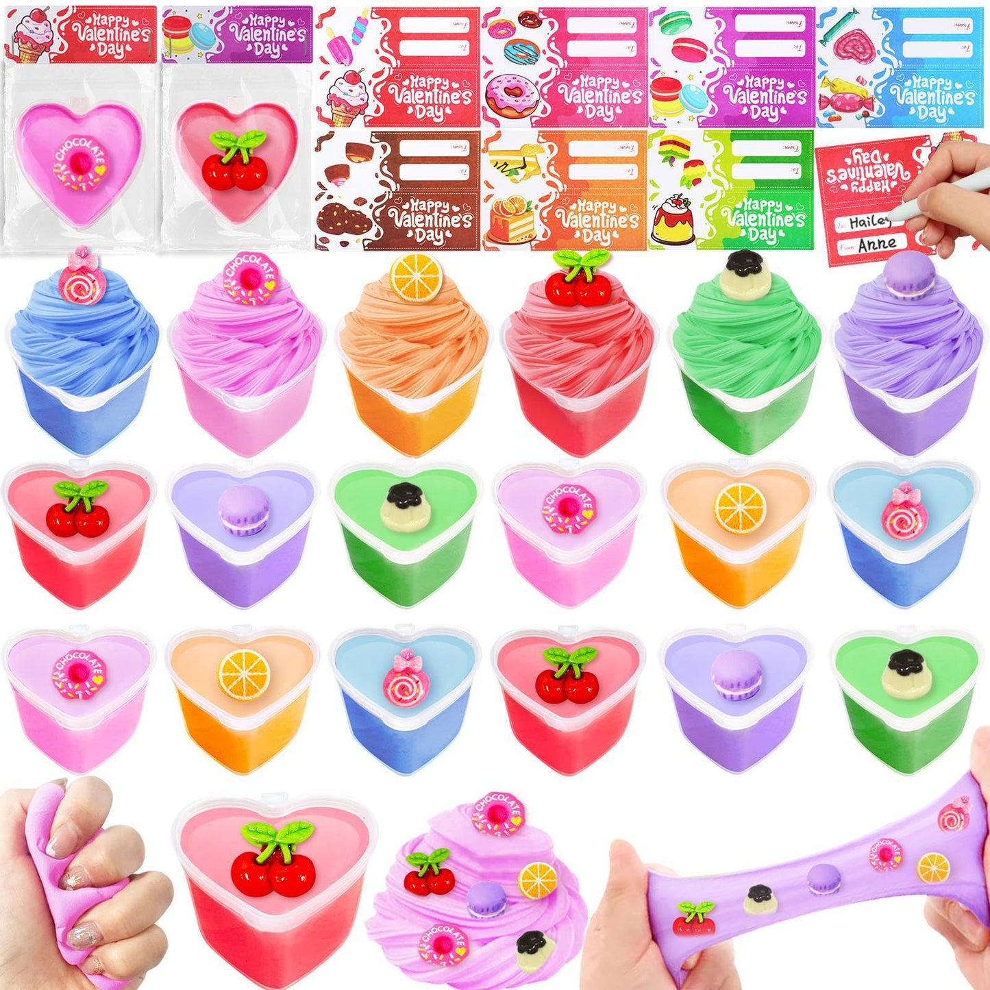 28 Pack Valentines Heart Cup Butter Slime With 7 Style Charms Valentine'S Cards, Valentines Day Gifts For Kids Soft & Non-Sticky