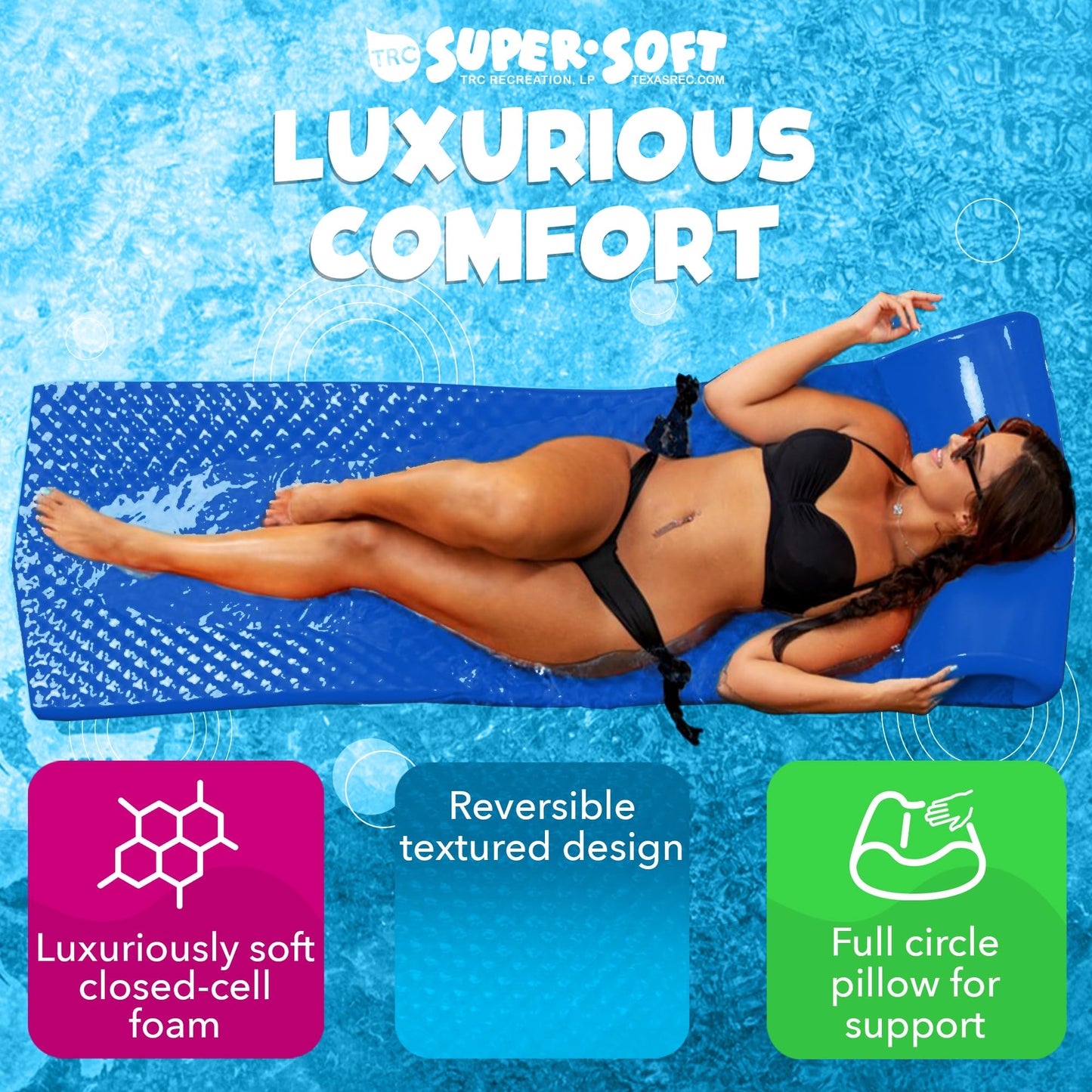 TRC Recreation Super Soft 2  Thick Vinyl Coated Foam Outdoor Swimming Pool Float Mat mature-themed Lounger with Built-in Roll Pillow  Indigo Blue