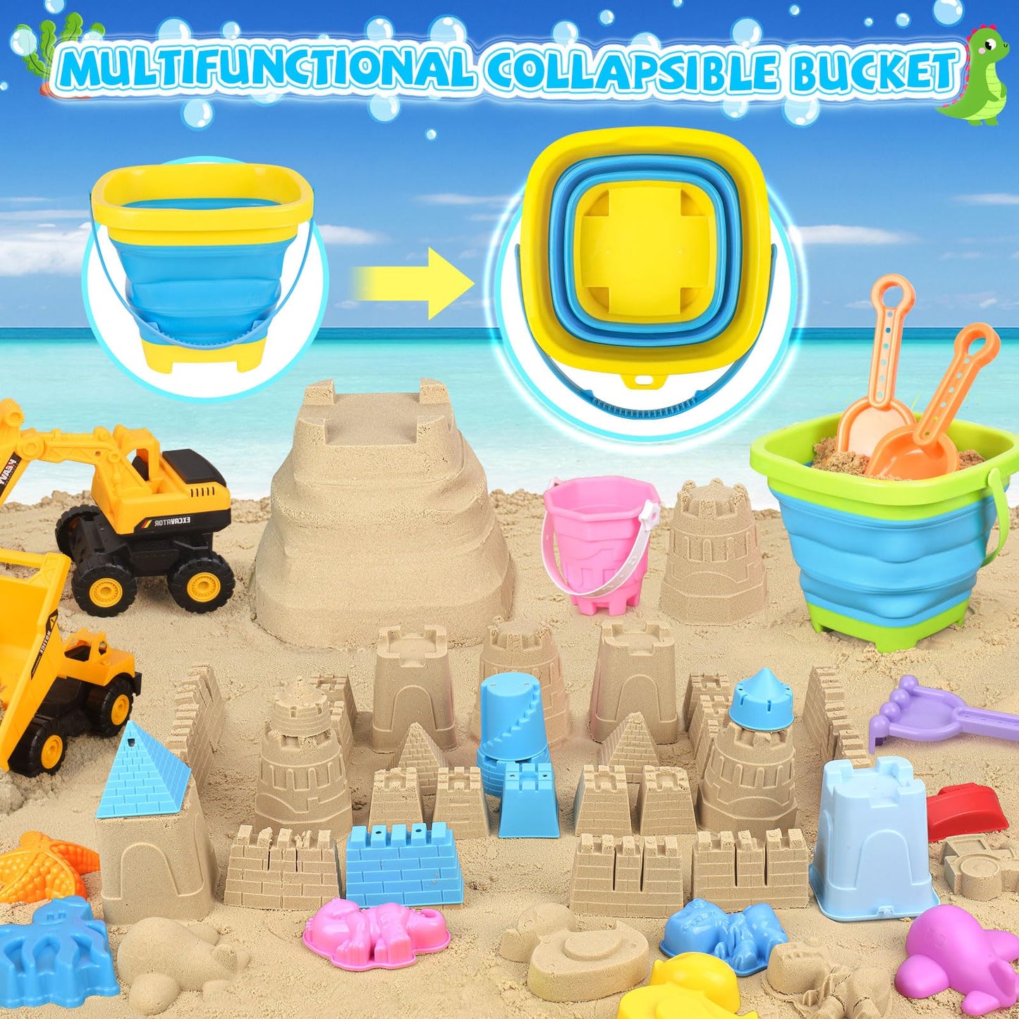 FHOZGECY Beach Toys, 35Pcs Sand Toys, Sandbox Toys with 3 Truck 3 Collapsible Beach Bucket, Sand Castle Toys Kit, Animal Dinosau