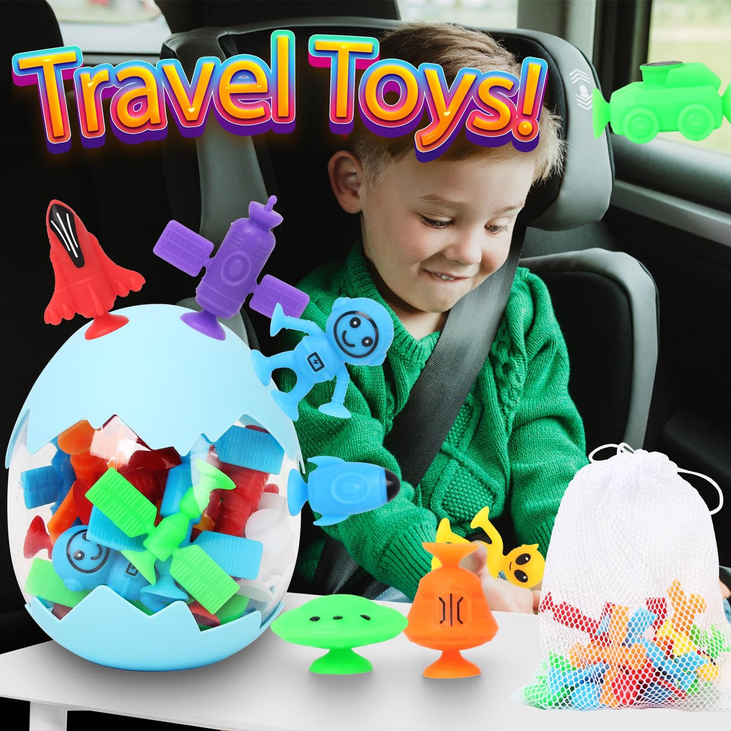 Suction Bath Toys For Kids, 20 Pcs No Hole Outer Space Bath Toy With Eggshell & Bag, Silicone Suction Cup Toys, Sensory Window B