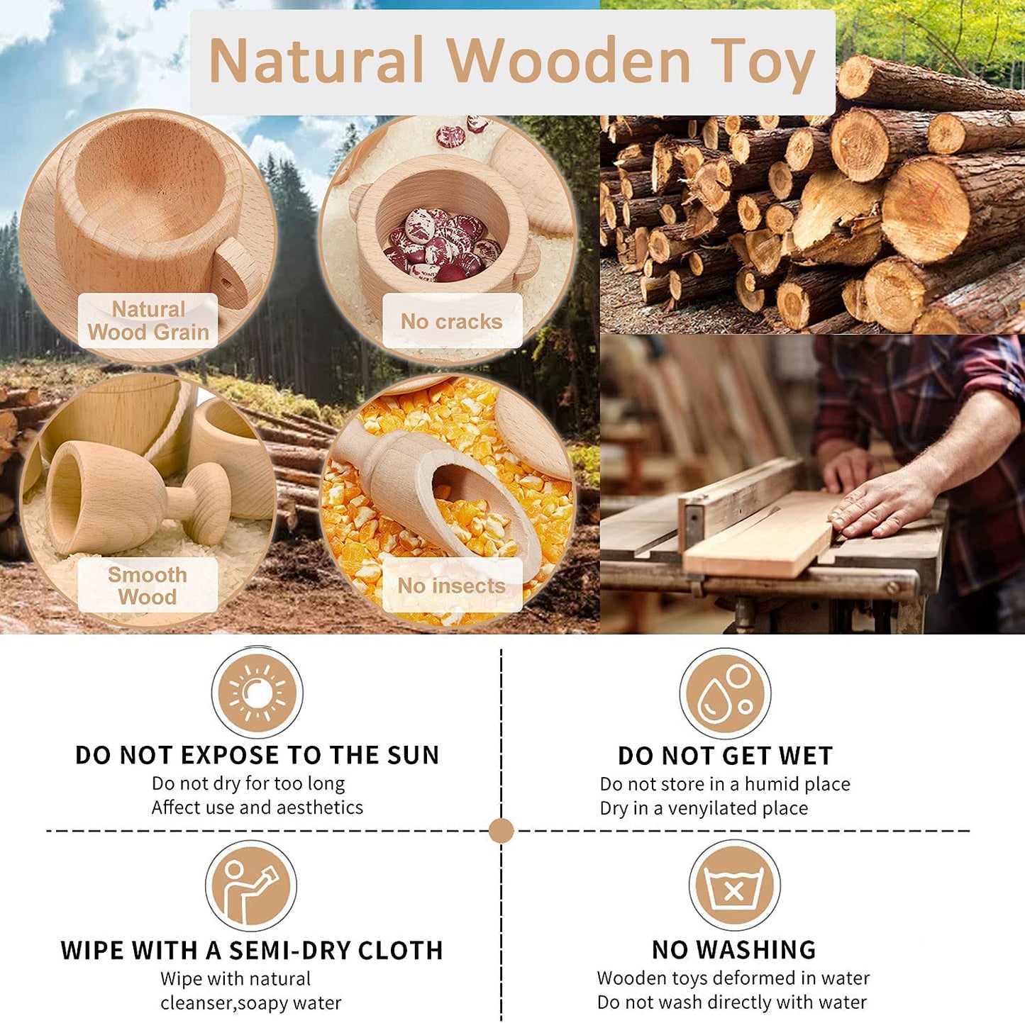 Mont Pleasant Montessori Toys Sensory Bin Toys For 1 Year Old Toddlers, 11Pcs Wooden Waldorf Toys Wooden Scoops And Tongs For Transfer Work And Fine Motor Skills Development