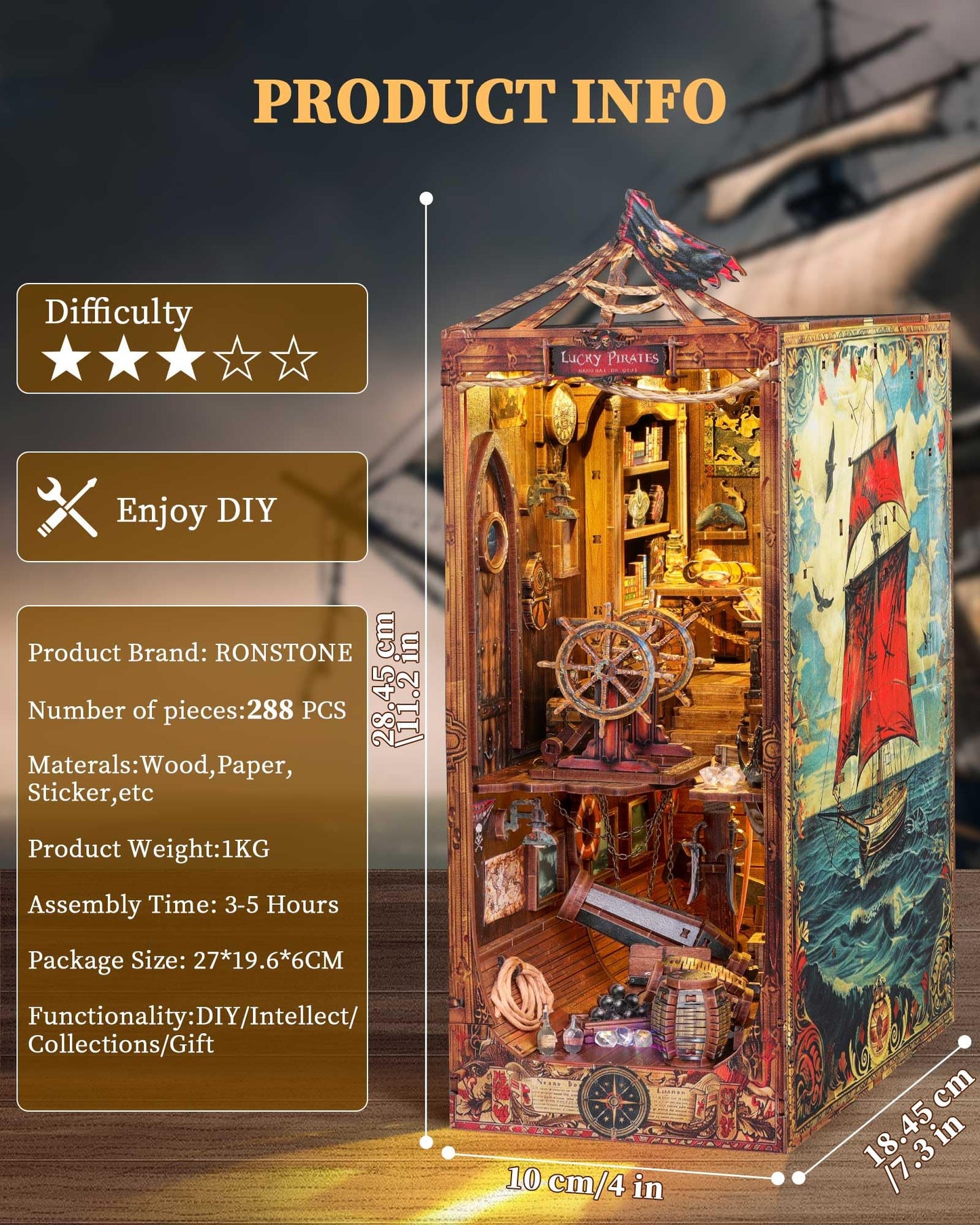 Diy Book Nook Kit - Pirate 3D Wooden Miniature Puzzles With Led Light Dollhouse Model Craft Kits For Adults Bookshelf Insert Dec