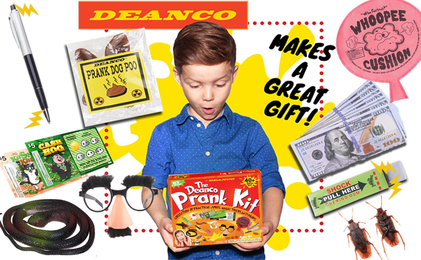 DEANCO Prank Kit - 40 pcs Ultimate Gift Set for April Fools - Practical Jokes & Party Favors for Boys Ages 8-10, Assorted Colors
