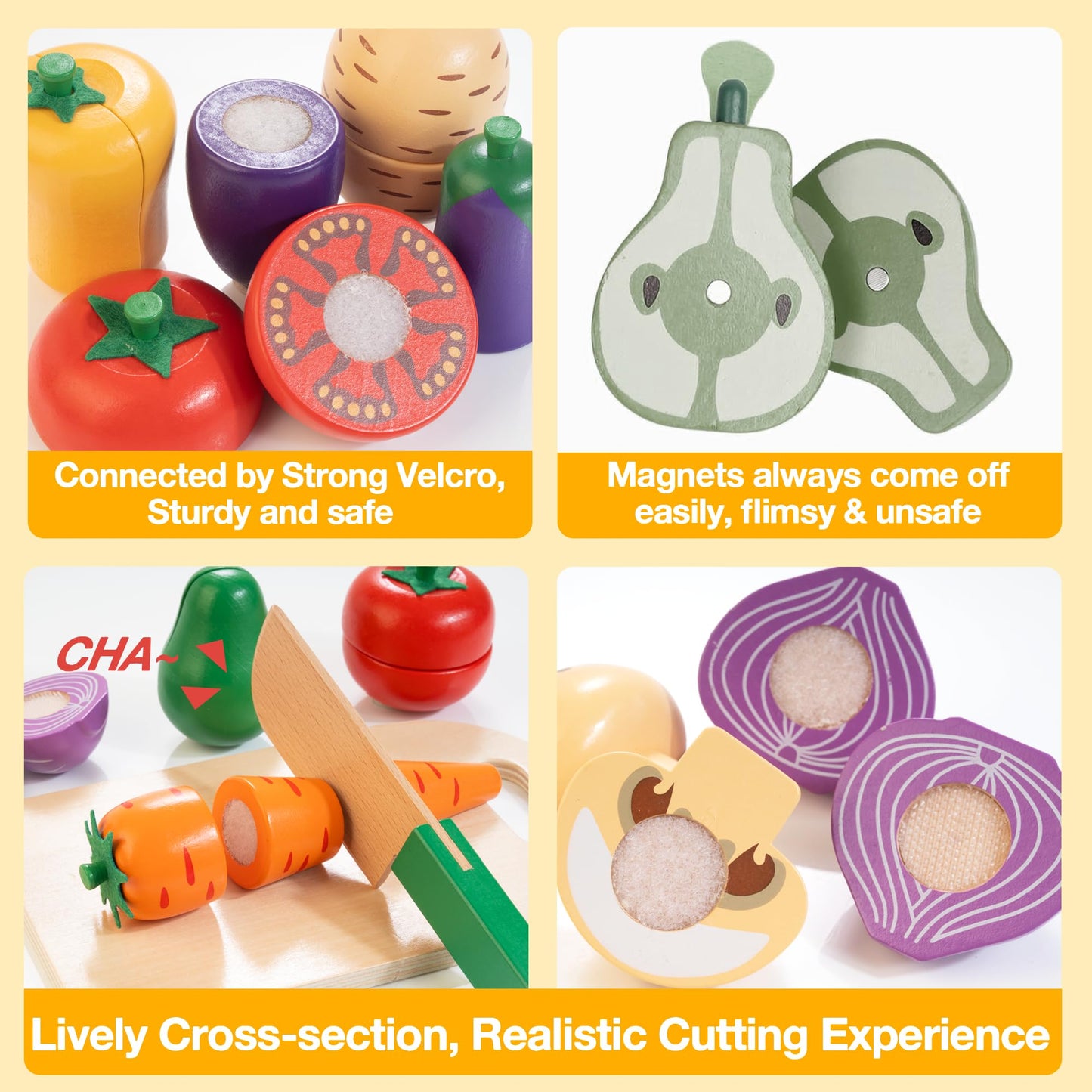 Wooden Play Food Set for Kids Kitchen | Velcro Chopping Veggies & Fruits Toy Food Set with Storage Case & Bag, Play Kitchen Acce