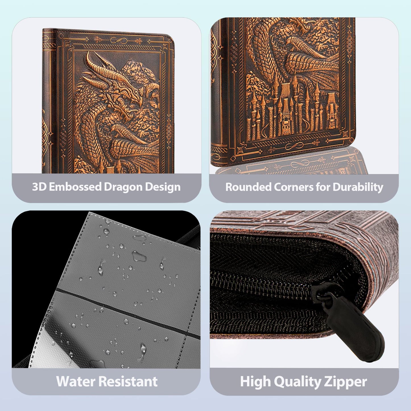 Feidiao 9 Pocket Trading Card Binder 360 Side Loading Pockets Albums With Zipper 3D Pu Leather Embossed Dragon Card Books Collec