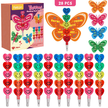 Feltom 28 Pack Valentines Day Gift Cards for Kids with Stacking Heart Pencils, Valentines Day Gifts for Kids Boys Girls, Valenti