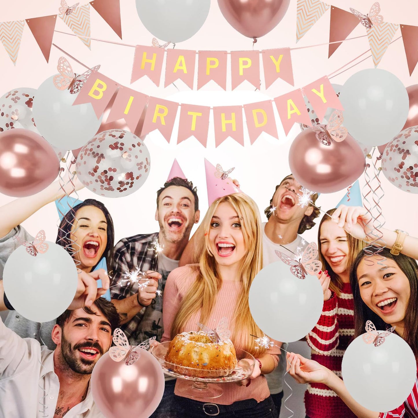 Rose Gold Birthday Decoration, 18 Pcs 12 Inch Happy Birthday Banner With Butterfly Stickers And Balloons For Girl And Women Happ