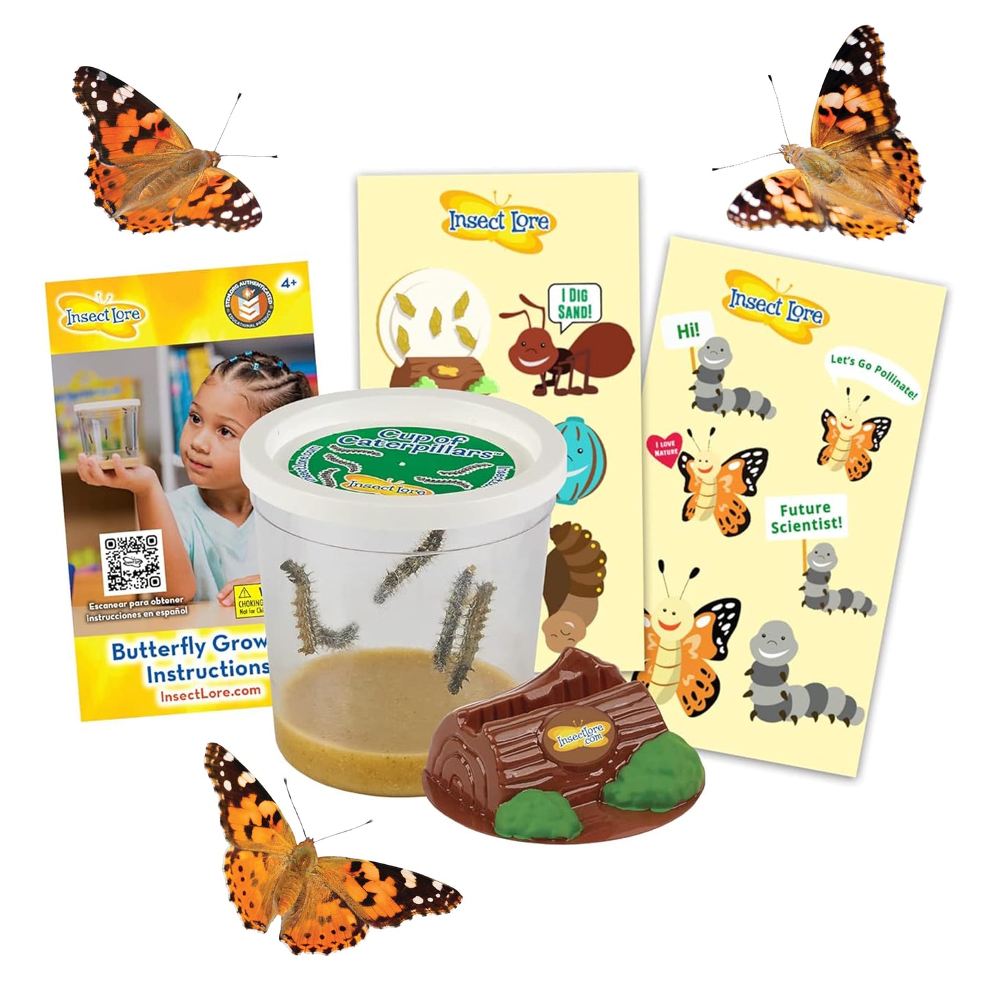 Insect Lore Cup Of Caterpillars | 5 Live Caterpillars For Butterfly Garden | Refill For Painted Lady Butterfly Kit | Stickers & Chrysalis Log | Stem Learning Activity