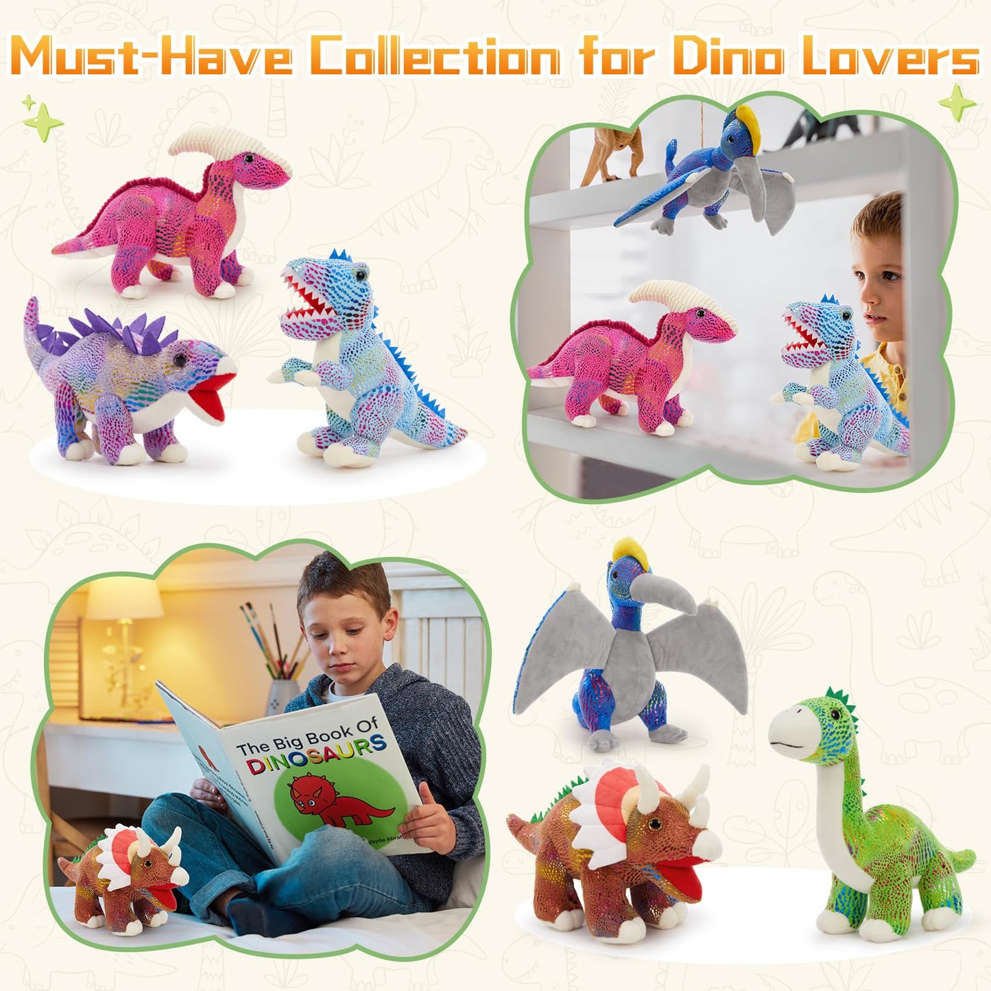 MaoGoLan 6Pcs Dinosaur Stuffed Animals Plush Dinosaur Toy Party Favors Bulk for Kids  12 Inch Collectible Stuffed Dino Plushies with Triceratops Velociraptor Stegosaurus Pterodactyl