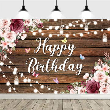 Yinqin 180X120 Cm Rustic Wood Flower Happy Birthday Backdrops Cloth Rustic Wooden Floral Birthday Photography Backgrounds Flower