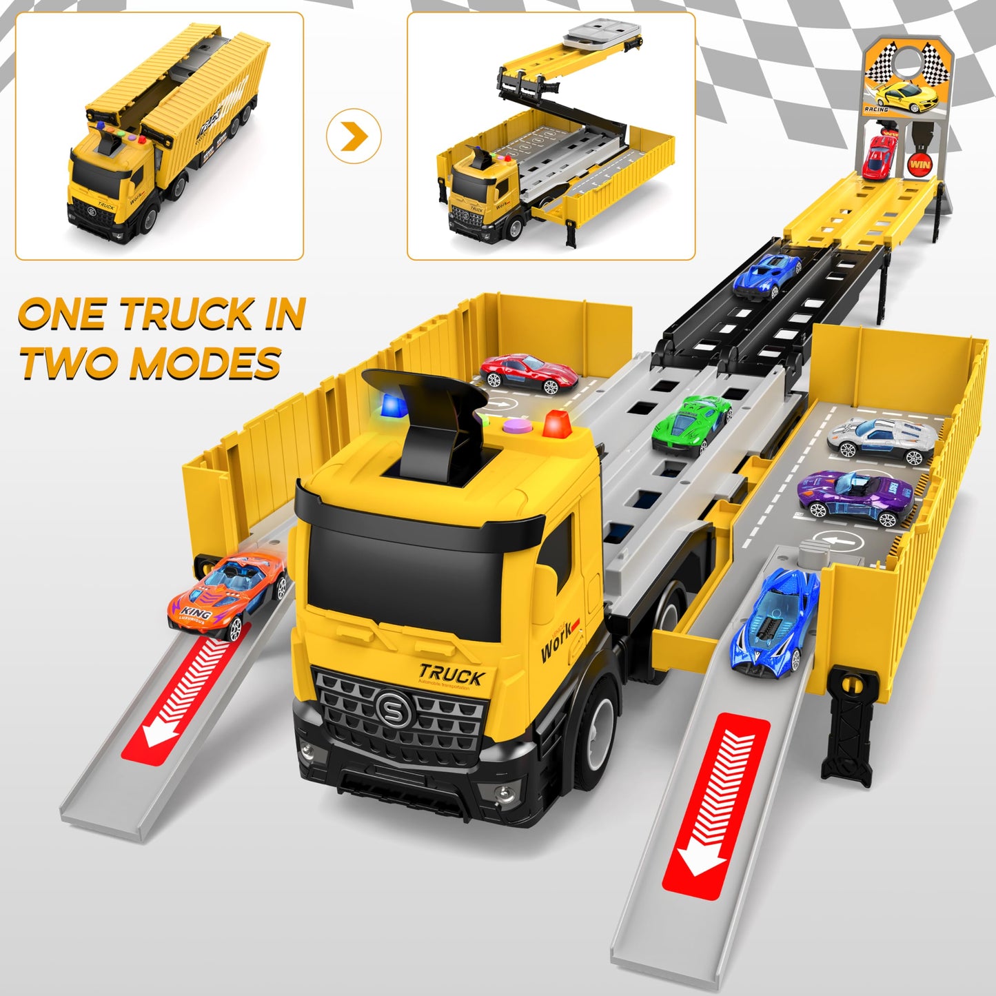 Carrier Truck Race Track Kids Toys, Foldable 3 Layer Car Race Track Playset, Toy Truck Transport Car Carrier & 8 Race Cars, Truck Car Toddlers Toys B-Day Gifts For Age 3 4 5 6+ Years Old Boys Girls