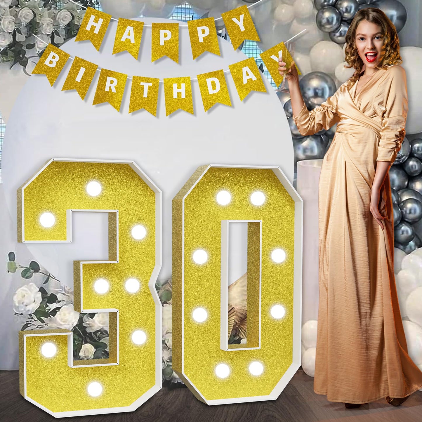Imprsv Marquee Numbers Gold 30Th-Birthday Decorations: Large 3Ft Light Up Number 30 Birthday Decoration For Women Men Thirty Yea