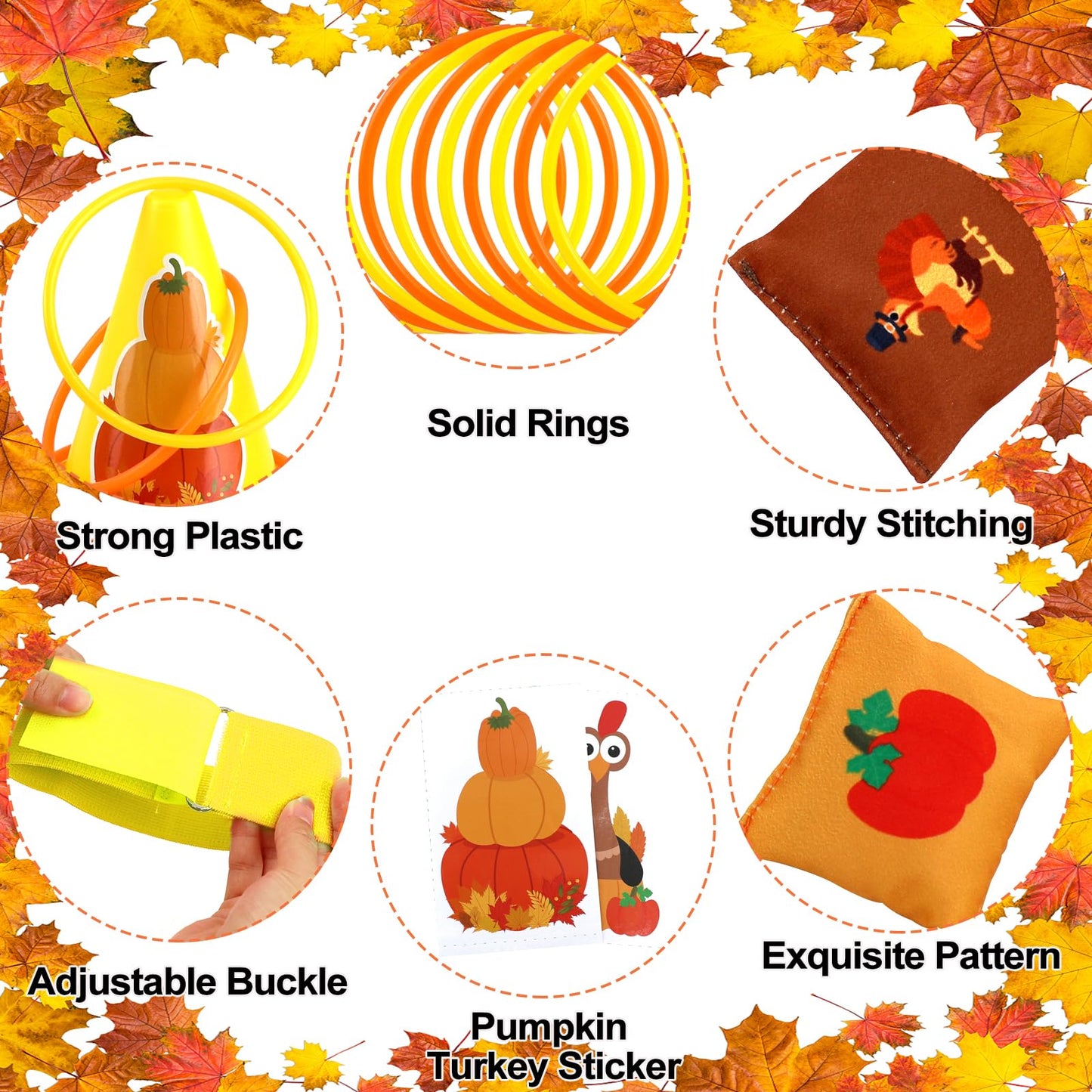 4 in 1 Fall Festival Thanksgiving Party Games with Ring Toss  Plastic Cones  Bean Bags  3-Legged Race Bands  Thanksgiving Games for Family Boy Girl mature-themed Carnival Friendsgiving Outdoor Yard Activities