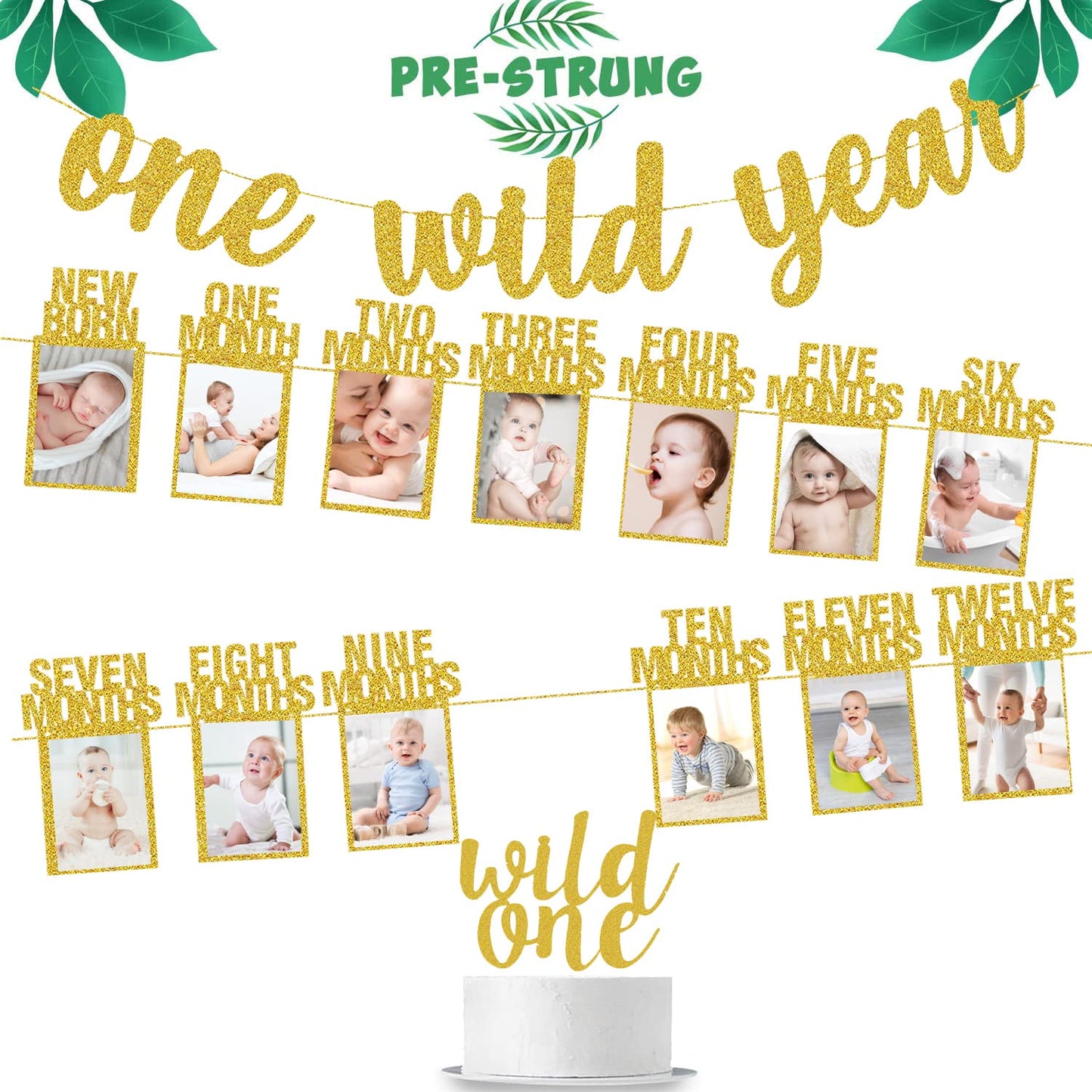 Wild One Birthday Decorations - Gold Glitter One Wild Year Banner + Baby 1St Birthday Photo Banner From Newborn To 12 Month - Sa