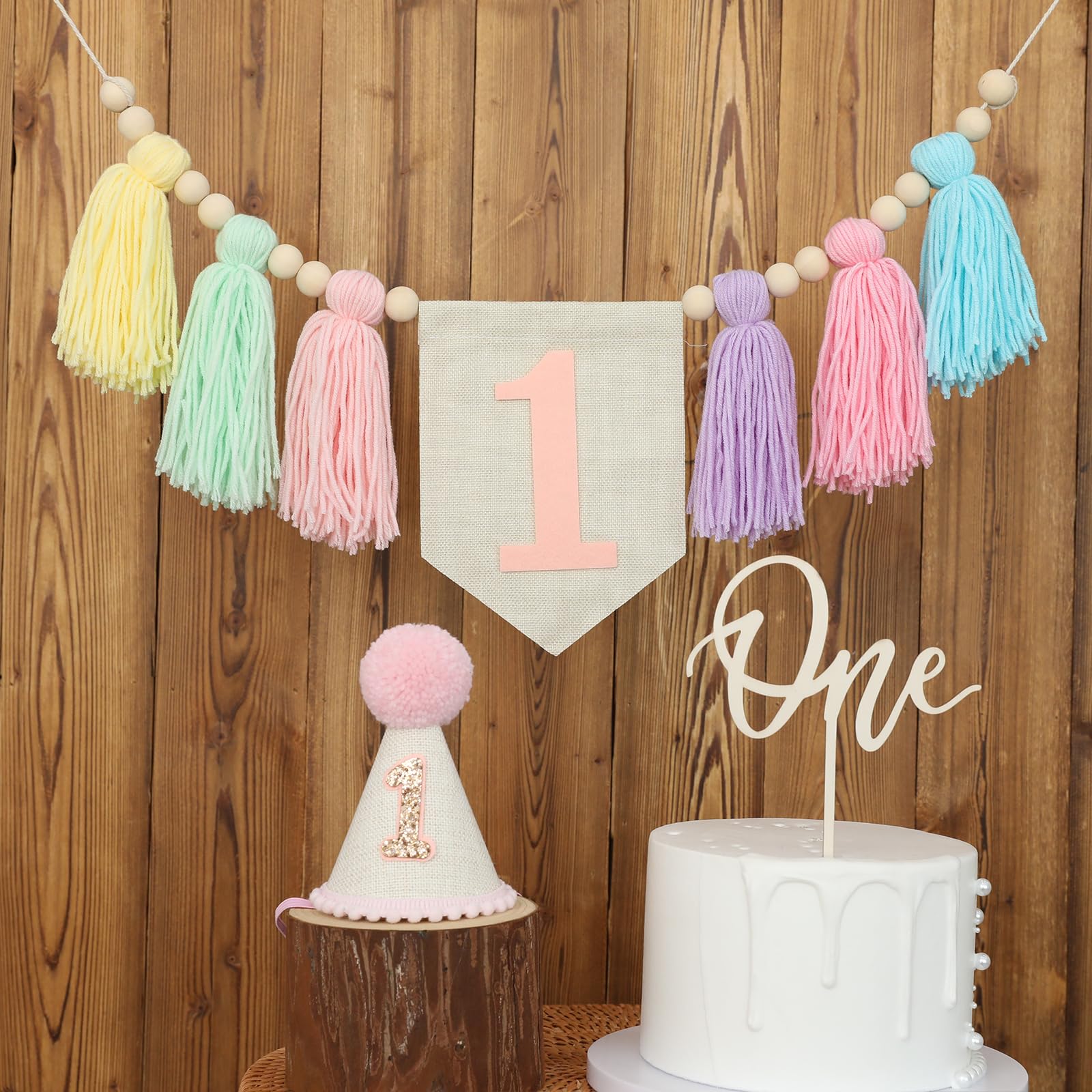 Handmade Boho Macaron High Chair Banner & Hat - Pink Decorations for Girls 1st Birthday - Crown & Cake Topper