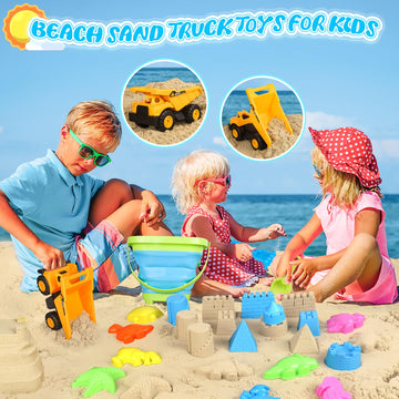FHOZGECY Beach Toys, 19Pcs Sand Toys, Sandbox Toys with Dump Truck, Collapsible Sand Bucket, Sand Castle Toys, Animal Dinosaur M