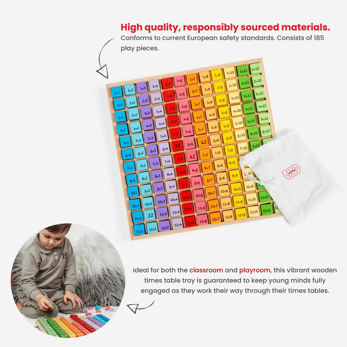 Bigjigs Toys Multiplication Table Board Game - Wooden Educational Toy, 1-12 Times Tables, Multicoloured, Model BJ210