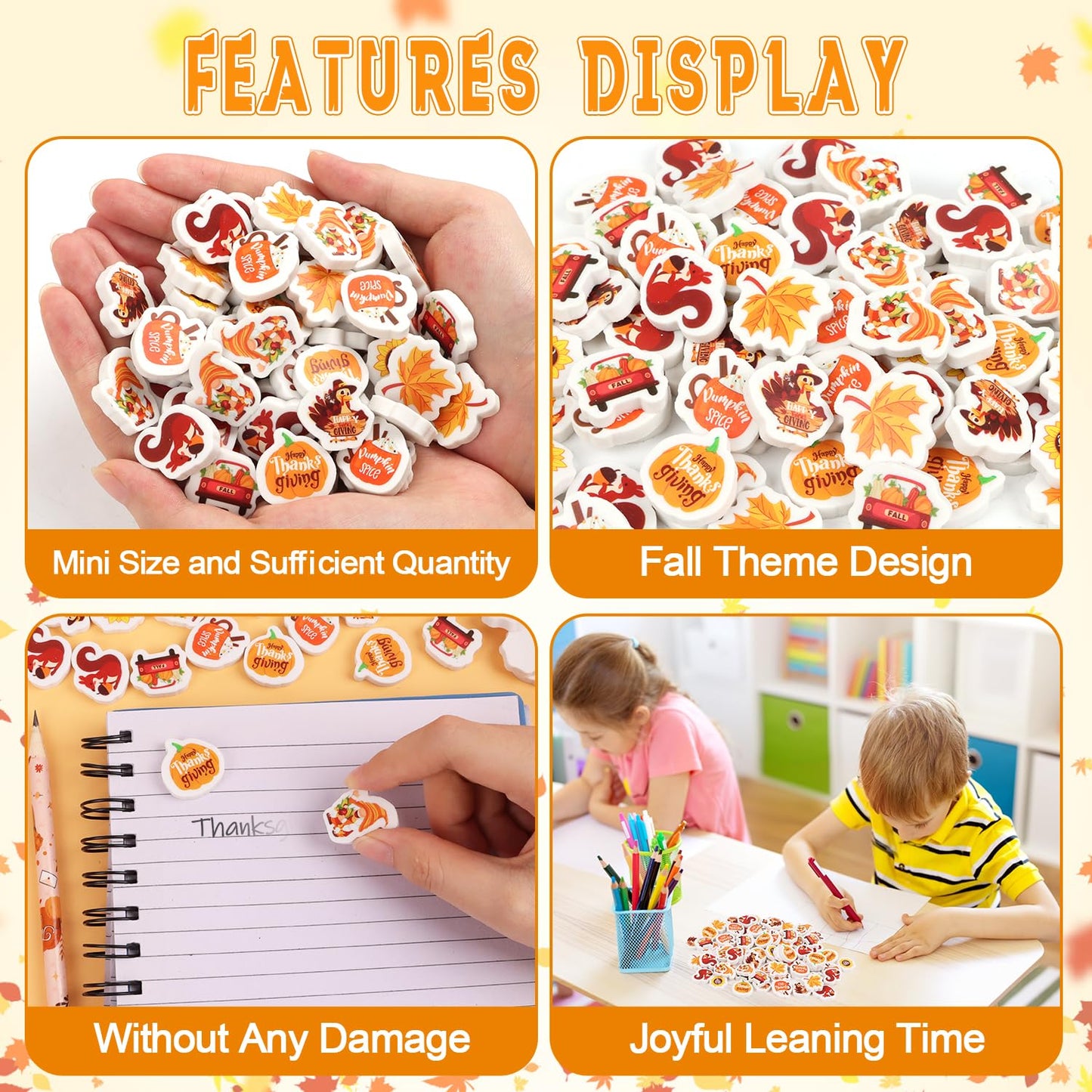 CCINEE 120Pcs Thanksgiving Mini Erasers for Kids, Fall Holiday Erasers Bulk for Desk Pets Classroom Rewards 3D Maple Pumpkins Su
