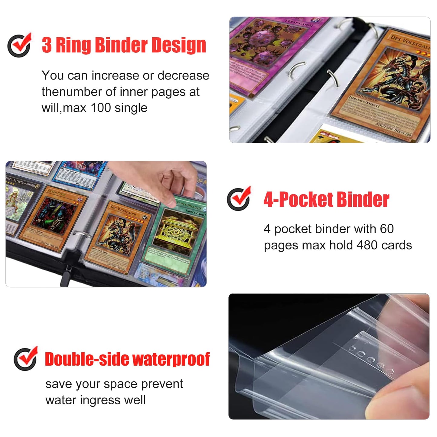 4-Pocket Trading Card Binder for Cards Fits 50 Sleeves up to 400 Cards Waterproof 3 Ring TCG Card Album with Removable Sleeves