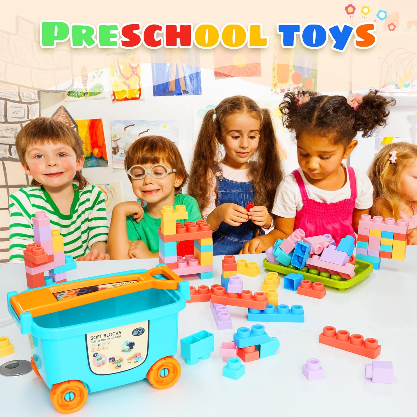 Large Particle Soft Building Block Toys With Storage Box With Pull Rods For Toddler Aged 18 Months To 6 Years Old.Preschool Toys