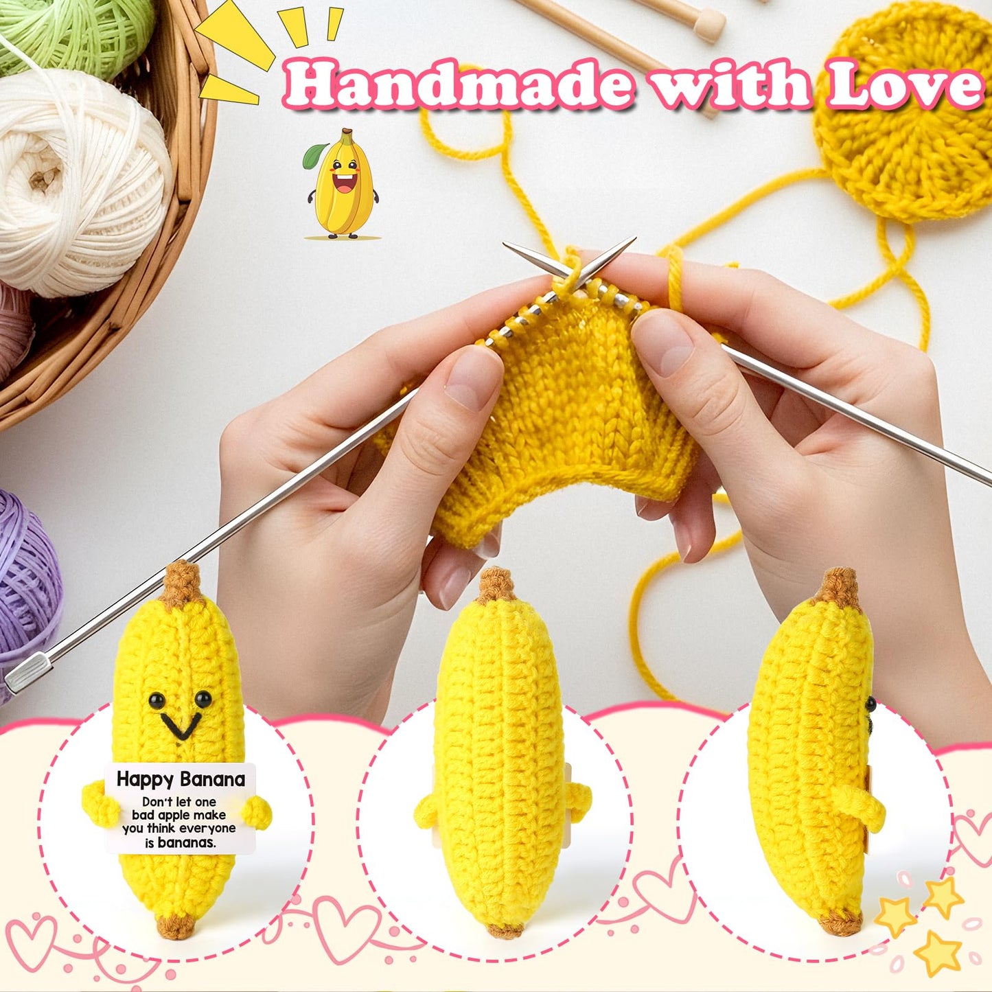 MAMAGIFTREE Christmas Birthday Gifts for Women Thanksgiving Basket Inspirational Gift for Friends for Coworkers  Girlfriend  Boyfriend Crochet Banana Plush - Handmade Knitted Toy Desk Decor