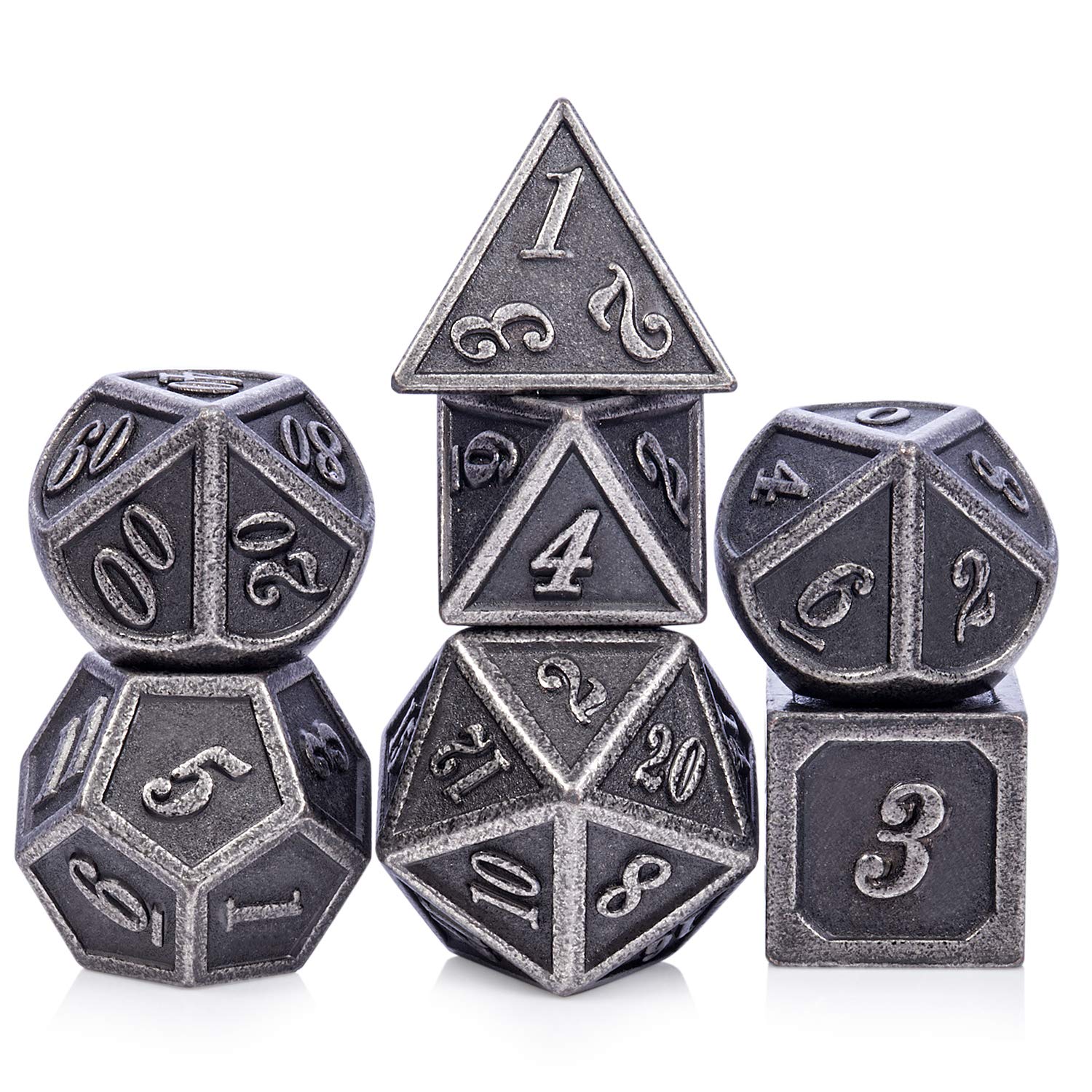 DnDnD Acient Silver Metal DND Dice Set, 7PCS D&D Metal Dice with Metal Case for Dungeons and Dragons, Shadowrun, Pathfinder, Sav
