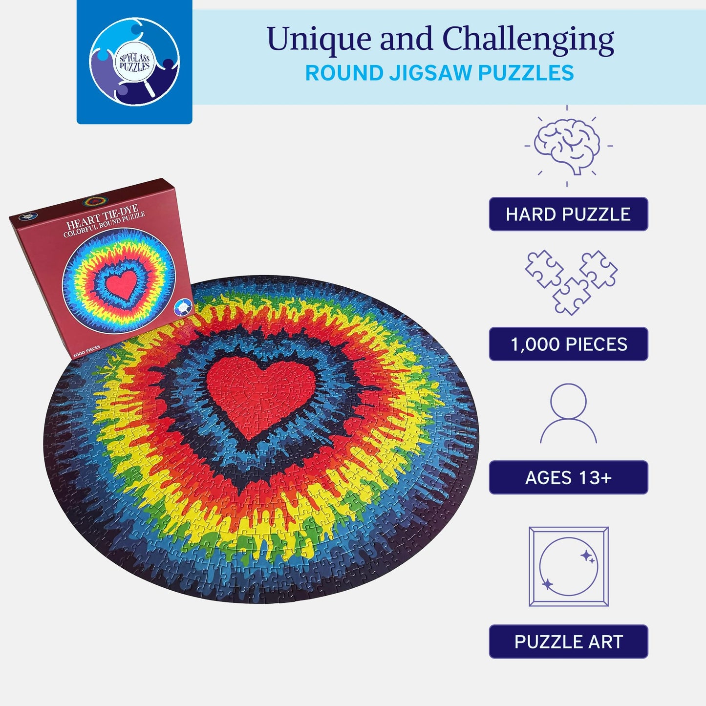 Jigsaw Puzzles for mature-themeds 1000 Pieces Hard Puzzles for mature-themeds and Kids - Unique Toy Round Colorful Rainbow mature-themed Puzzles - Difficult Near Impossible Puzzle Retro Tie Dye Heart by Spyglass Puzzles