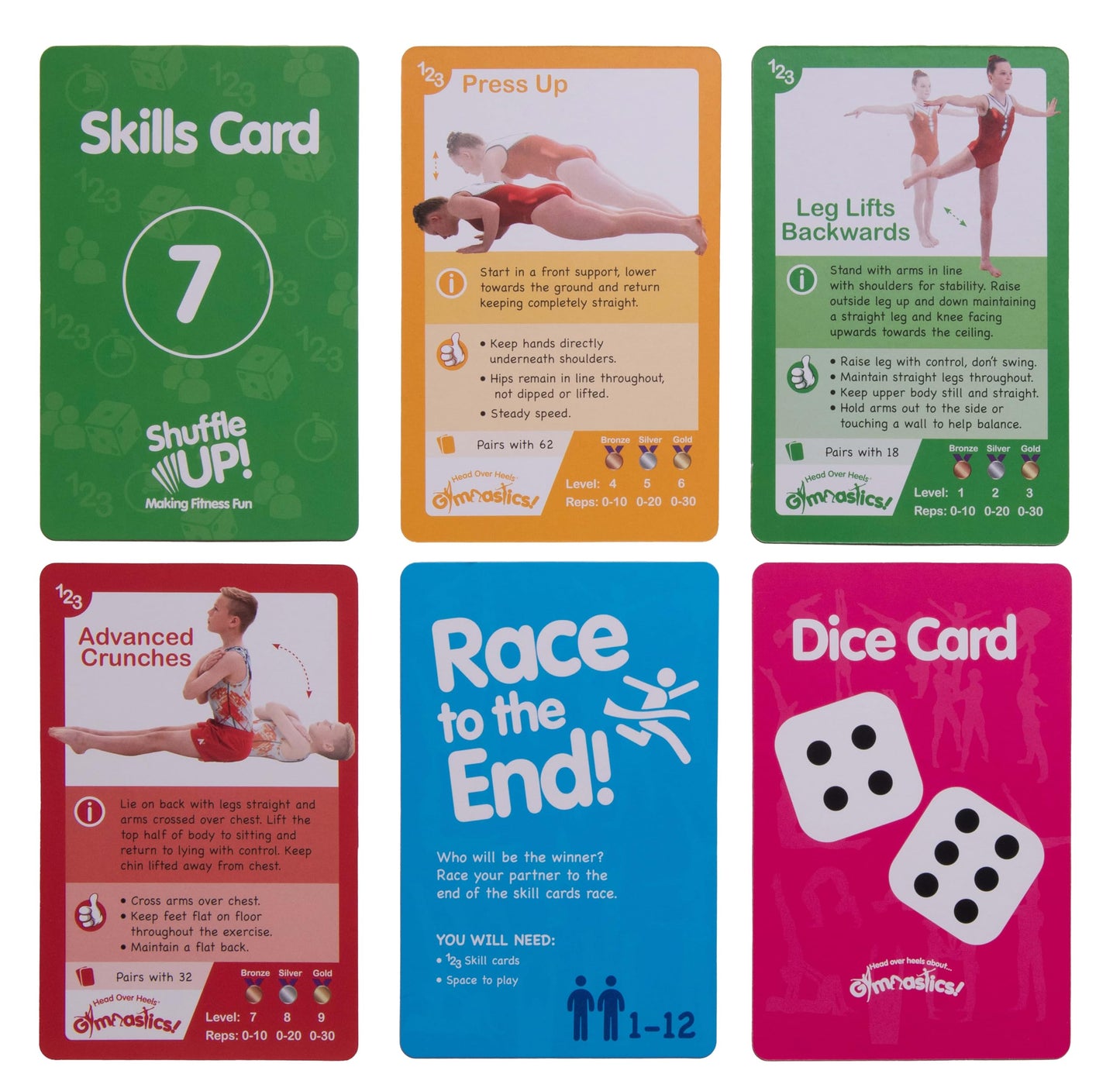 Shuffle Up Gymnastics Card Games - 70+ Active Skills Cards for Kids, Medium Size, Multicolor, Includes 2 Dices, Cardstock Material
