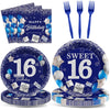 gisgfim 96Pcs 16th Birthday Plates and Napkins Party Supplies Sweet 16 Birthday Party Tableware Set Blue Silver 16th Birthday De