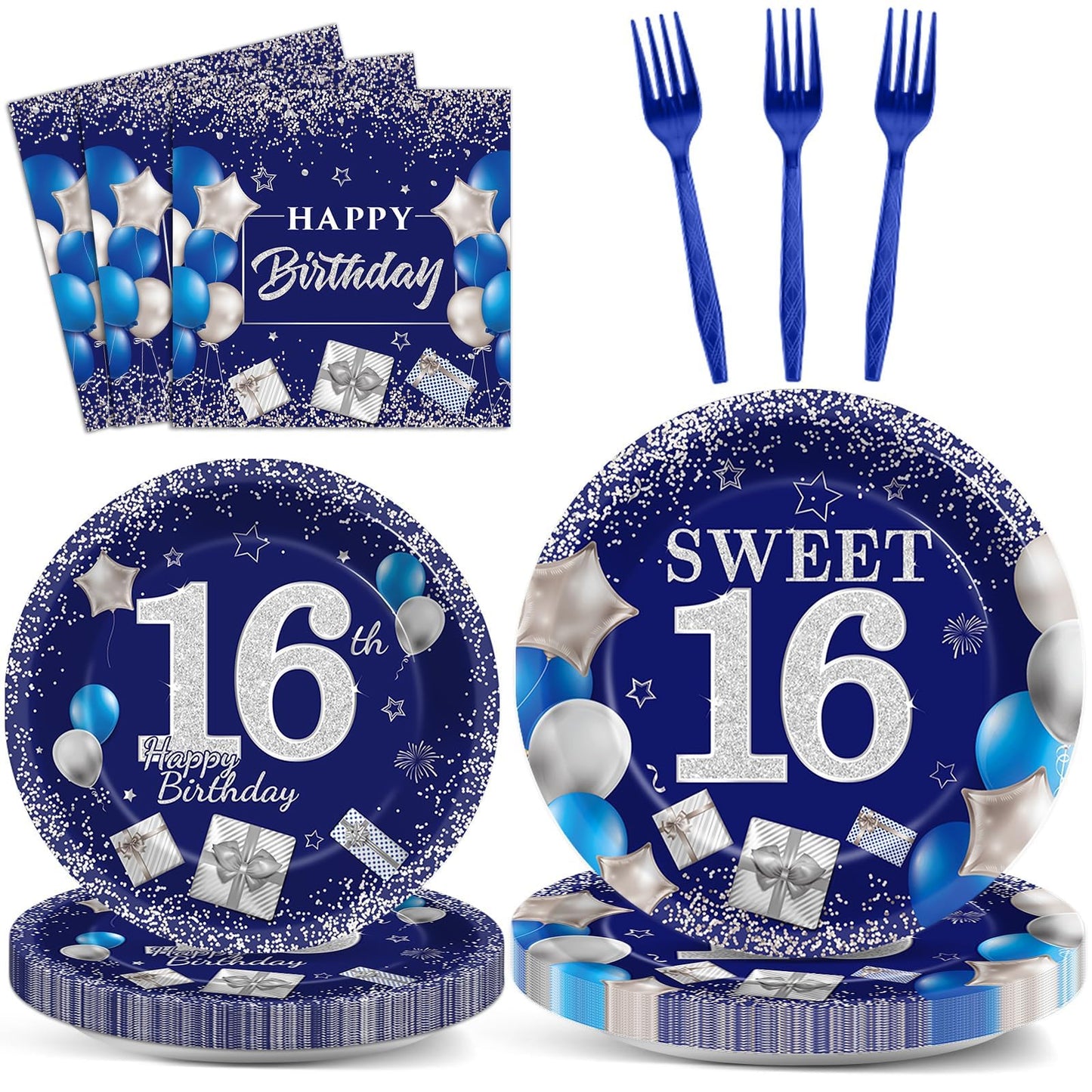 gisgfim 96Pcs 16th Birthday Plates and Napkins Party Supplies Sweet 16 Birthday Party Tableware Set Blue Silver 16th Birthday De