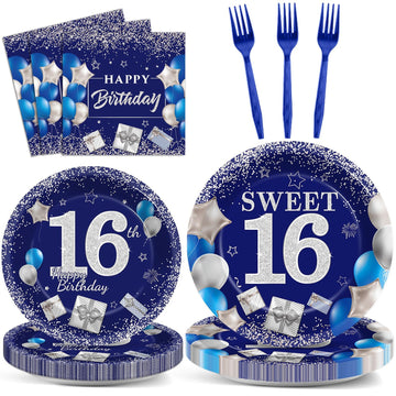 gisgfim 96Pcs 16th Birthday Plates and Napkins Party Supplies Sweet 16 Birthday Party Tableware Set Blue Silver 16th Birthday De