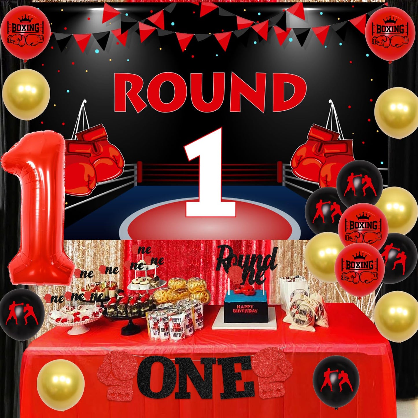 JOYMEMO Boxing 1st Birthday Party Decorations - Round Backdrop, Cake Toppers, Highchair Banner, Red & Black, Model F-PA-8046