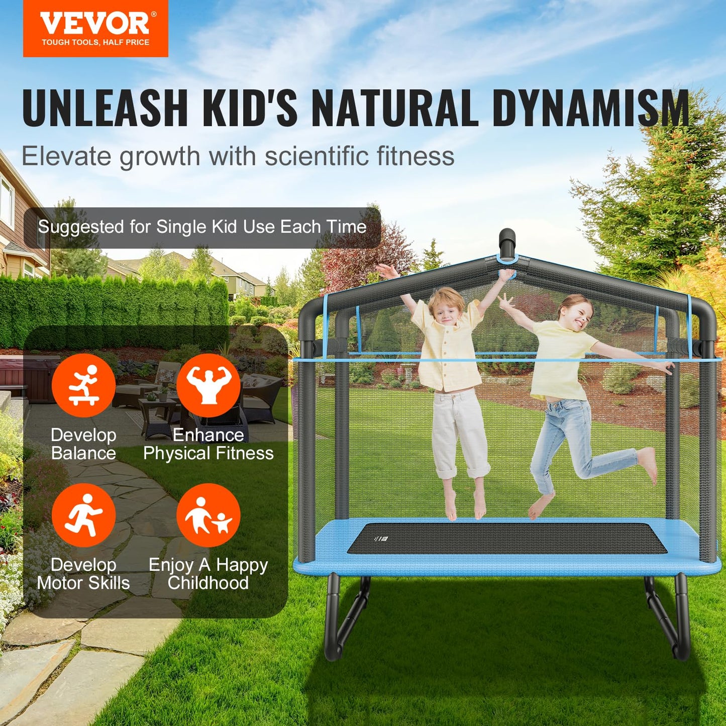 Vevor 6Ft Trampoline 72'' Indoor/Outdoor Trampoline, Mini Trampolines With Safety Enclosure Net, Gymnastics Bar, Hammock, Recrea