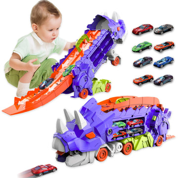 Hacocola Dinosaur Transporter Truck Foldable Sliding Race Track Toy With 8 Toy Cars For Kids Age 3 4 5 6 7 8 (Purple)