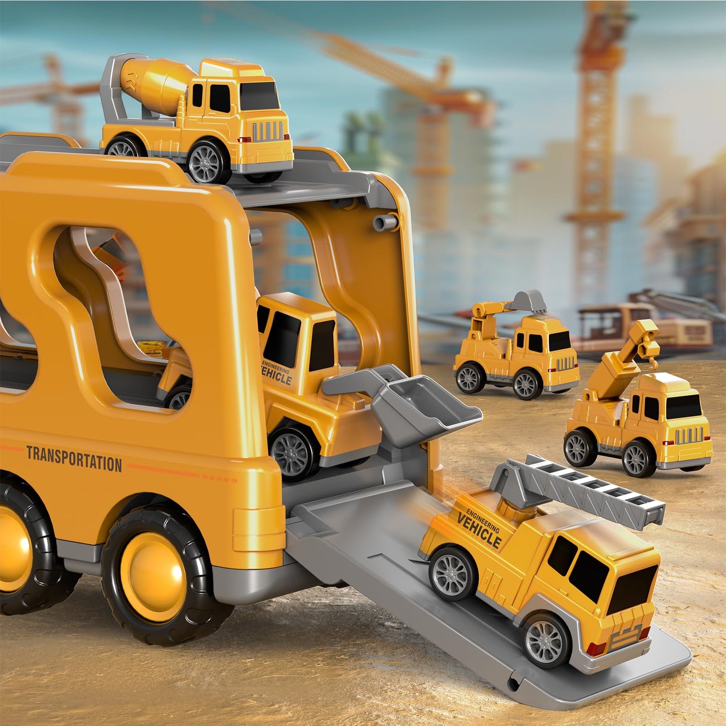 Beby Buty 7 in 1 Construction Trucks Cars Toys for Toddlers 3-5, Boy Toddler Car Truck Toys with Light Sound, Birthday Gifts Toy