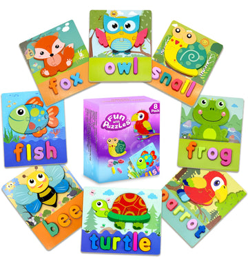 Aiziyuo Animal Wooden Puzzles With Letters Spelling, Montessori Toys For Toddlers 1-3, 8 Pack Baby Puzzle For Kids1 2 3+ Years O