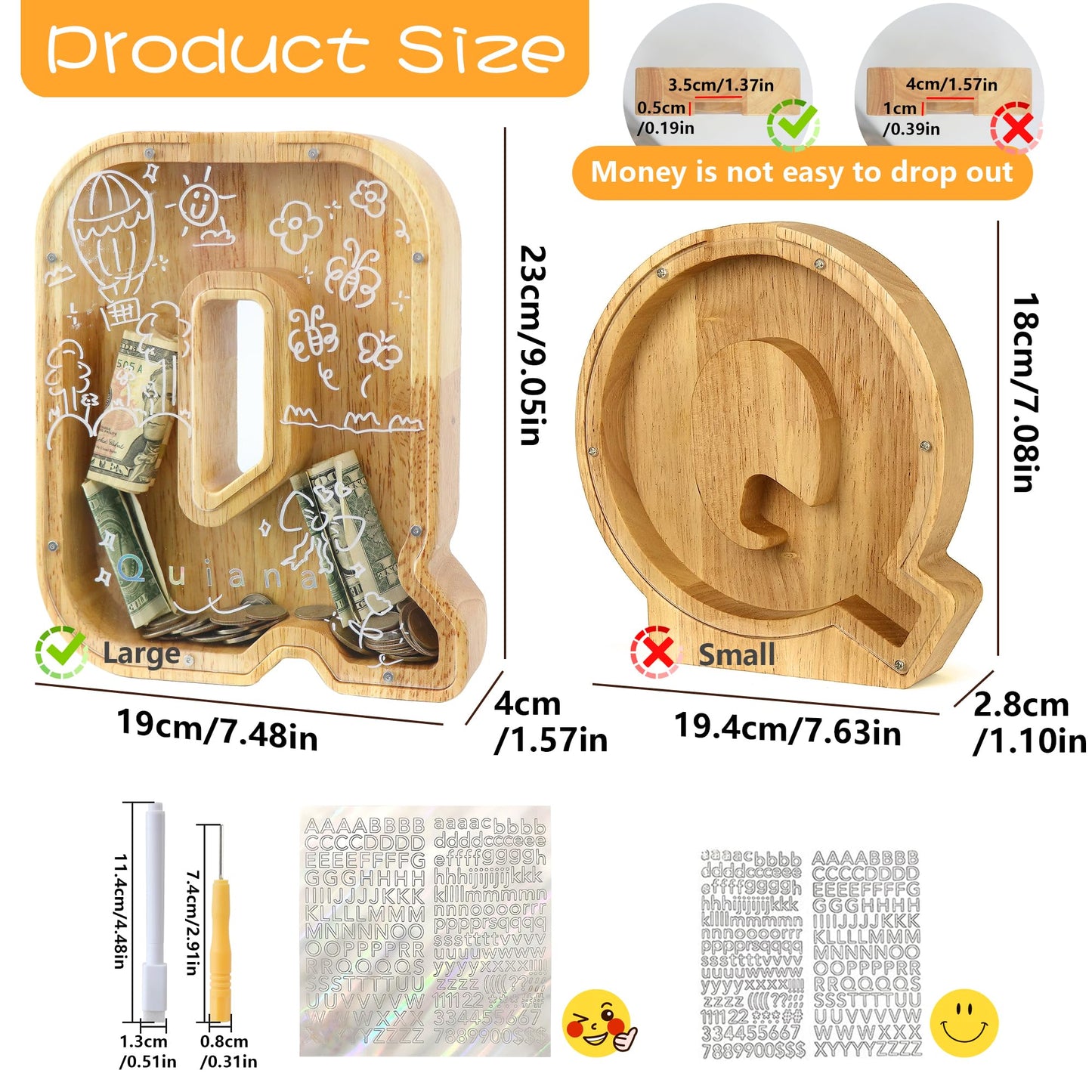 weallbuy Large Letter Piggy Bank for Kids Boys Girls Wooden Personalized Piggy Banks A-Z with Target Area Clear Alphabet Banknote Coin Banks for Gift Decoration Baptism (Q)