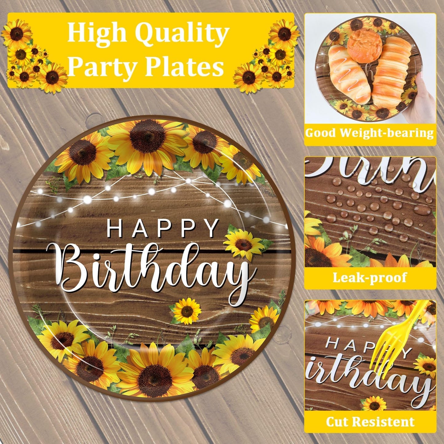 Obusatt 96Pcs Sunflower Birthday Party Decorations Sunflower Birthday Paper Disposable Dinner And Dessert Paper Disposable Plate