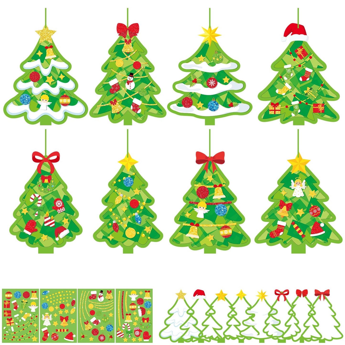 DoubleFill 48 Sets Christmas Tree Suncatchers Craft Kit Xmas Ornaments Stained Glass Christmas Window Crafts Kit for Classroom H