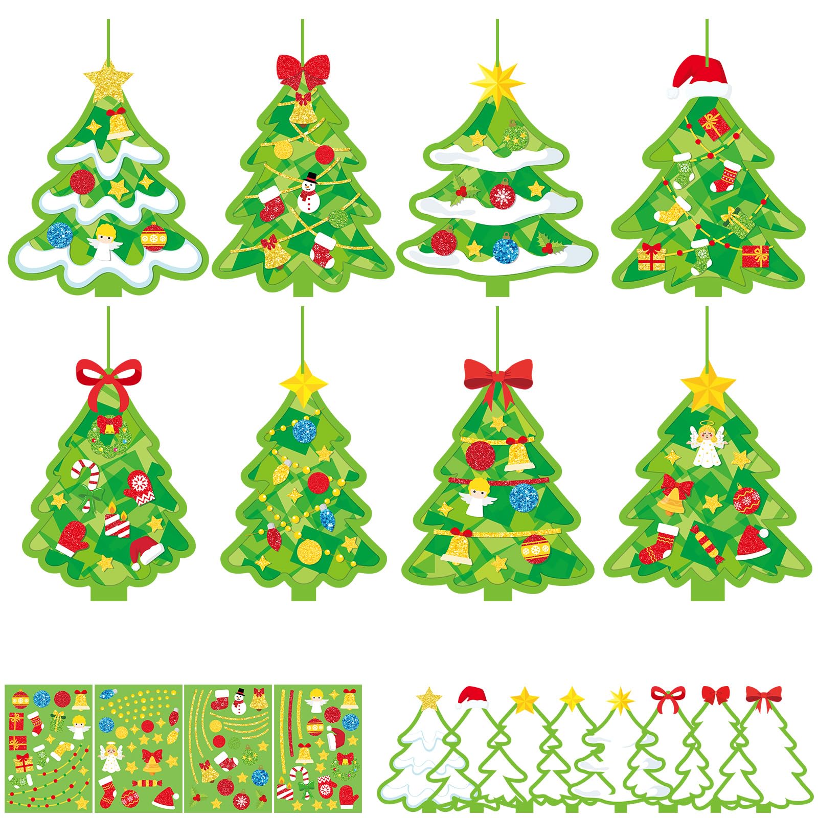 DoubleFill 48 Sets Christmas Tree Suncatchers Craft Kit Xmas Ornaments Stained Glass Christmas Window Crafts Kit for Classroom H
