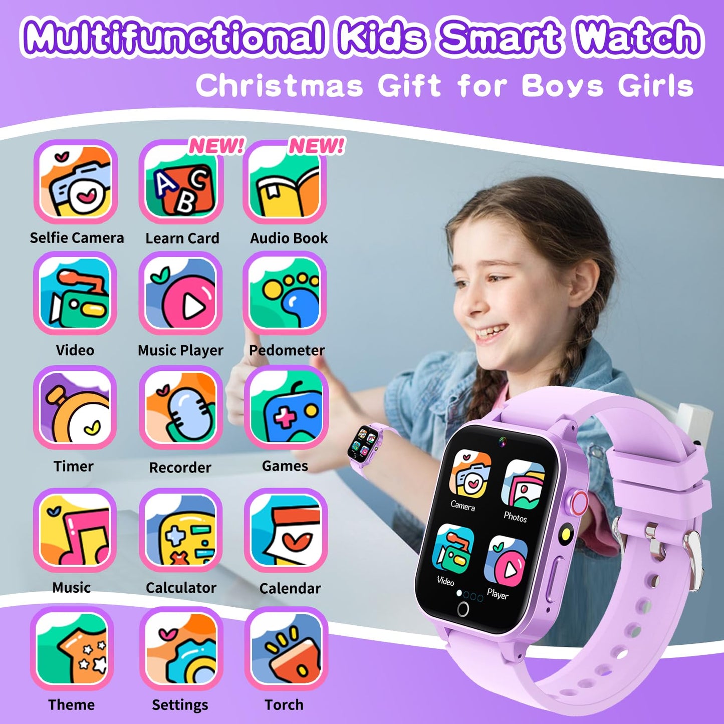 Cosjoype Kids Smart Watch Girls Age 5-12, 26 Games High-Resolution Touchscreen With Video Camera Music Player Pedometer Flashlight 12/24 Hr Educational Toys Birthday Gifts For Girls Ages 6-12