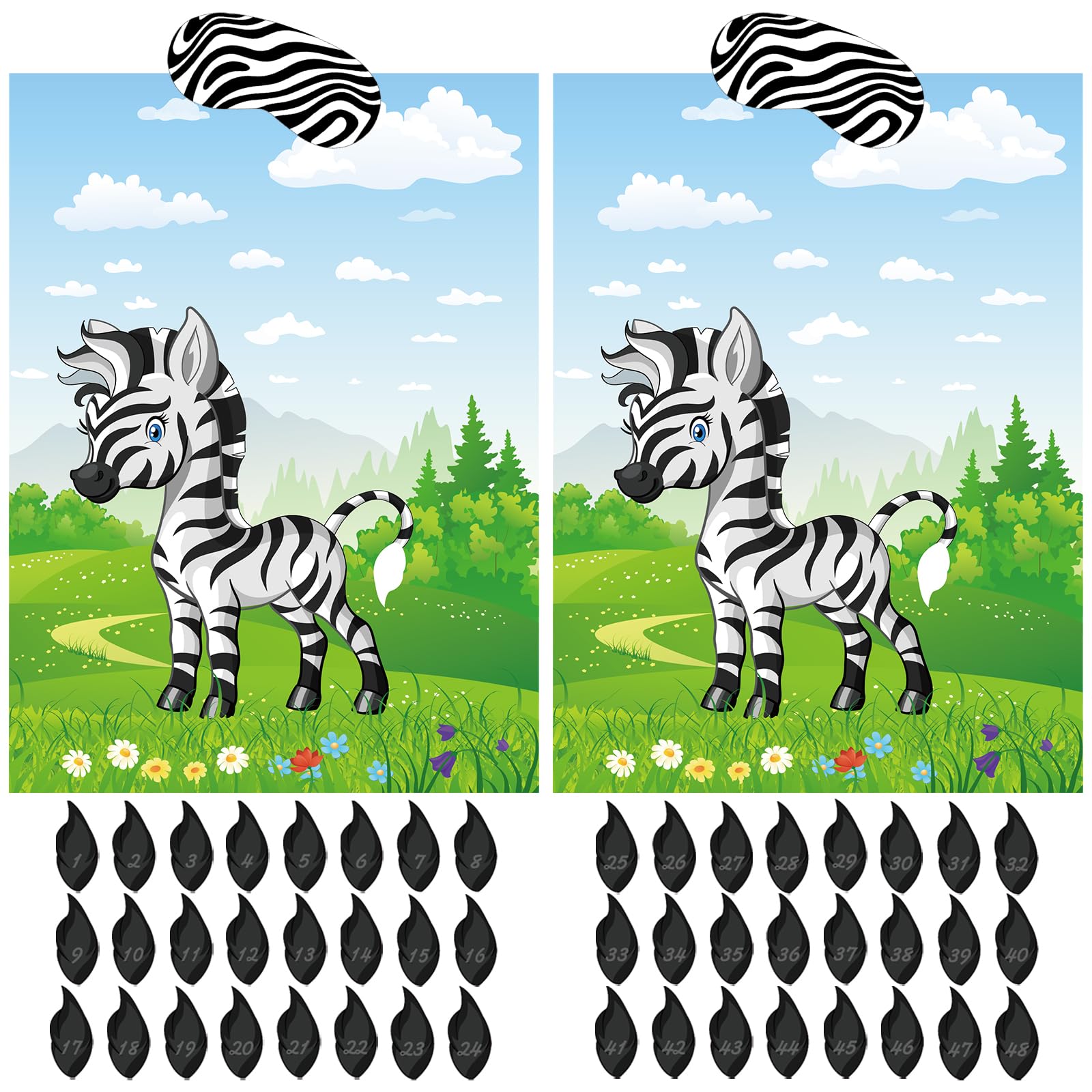 Astaron 2 Sets Safari Theme Party Game Pin The Tail On The Zebra, Jungle Animal Party Game Wild One Birthday Decorations With 48Pcs Tail Stickers For Kids Birthday Party Supplies