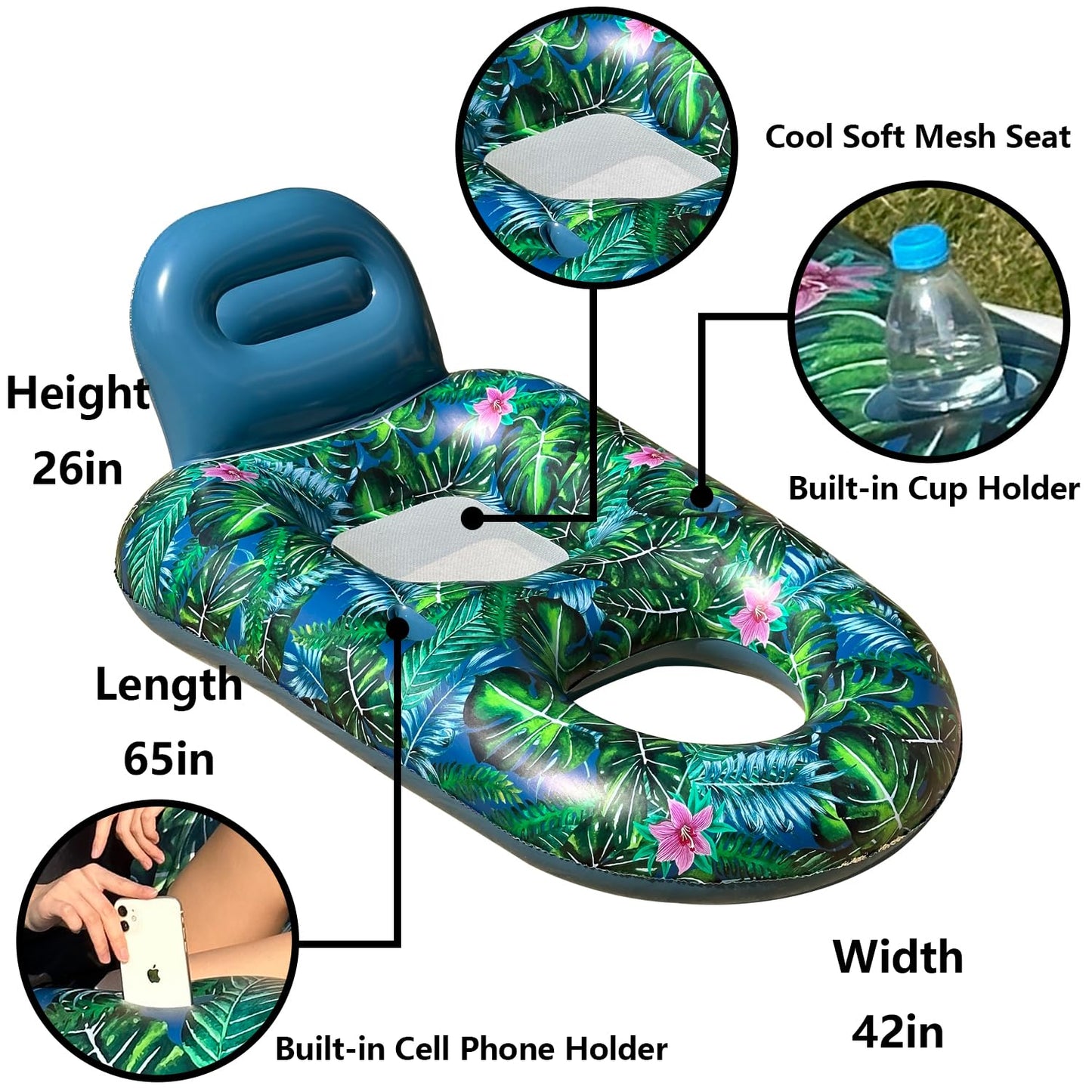 FindUWill Pool Floats Chairs mature-themed - 2 Pack 65'' x 42'' Large Pool Float Chairs  Inflatable Pool Lounger with Cup Phone Holder  Backrest  Footrest  Tanning Pool Lounge (Blue&Green)