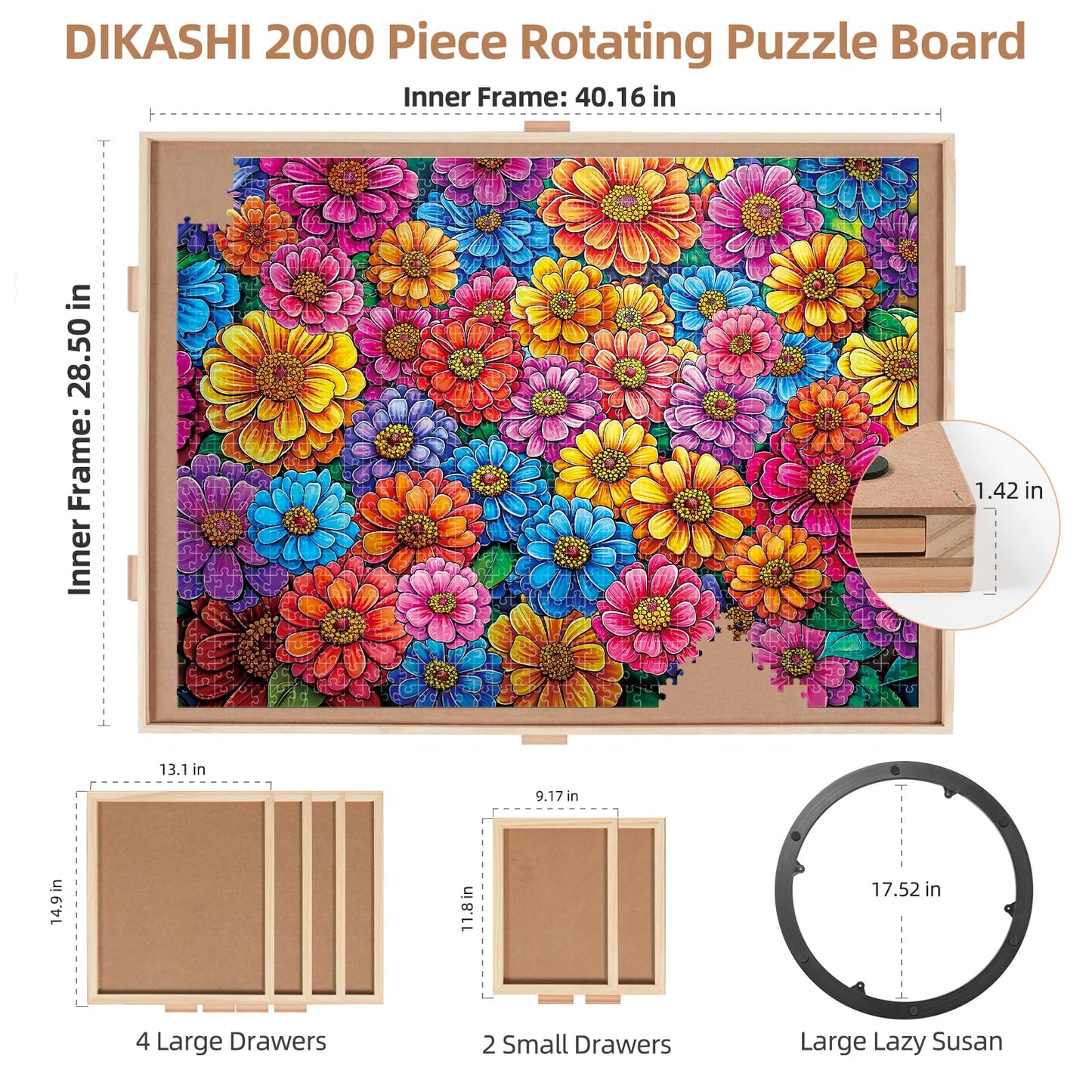 DIKASHI 2000 Pieces Rotating Puzzle Board with 6 Drawers  Lazy Susan & Transparent Cover  40.1x28.5 Portable Wooden Jigsaw Puzzle Board  Great Gift for for Puzzle Enthusiasts