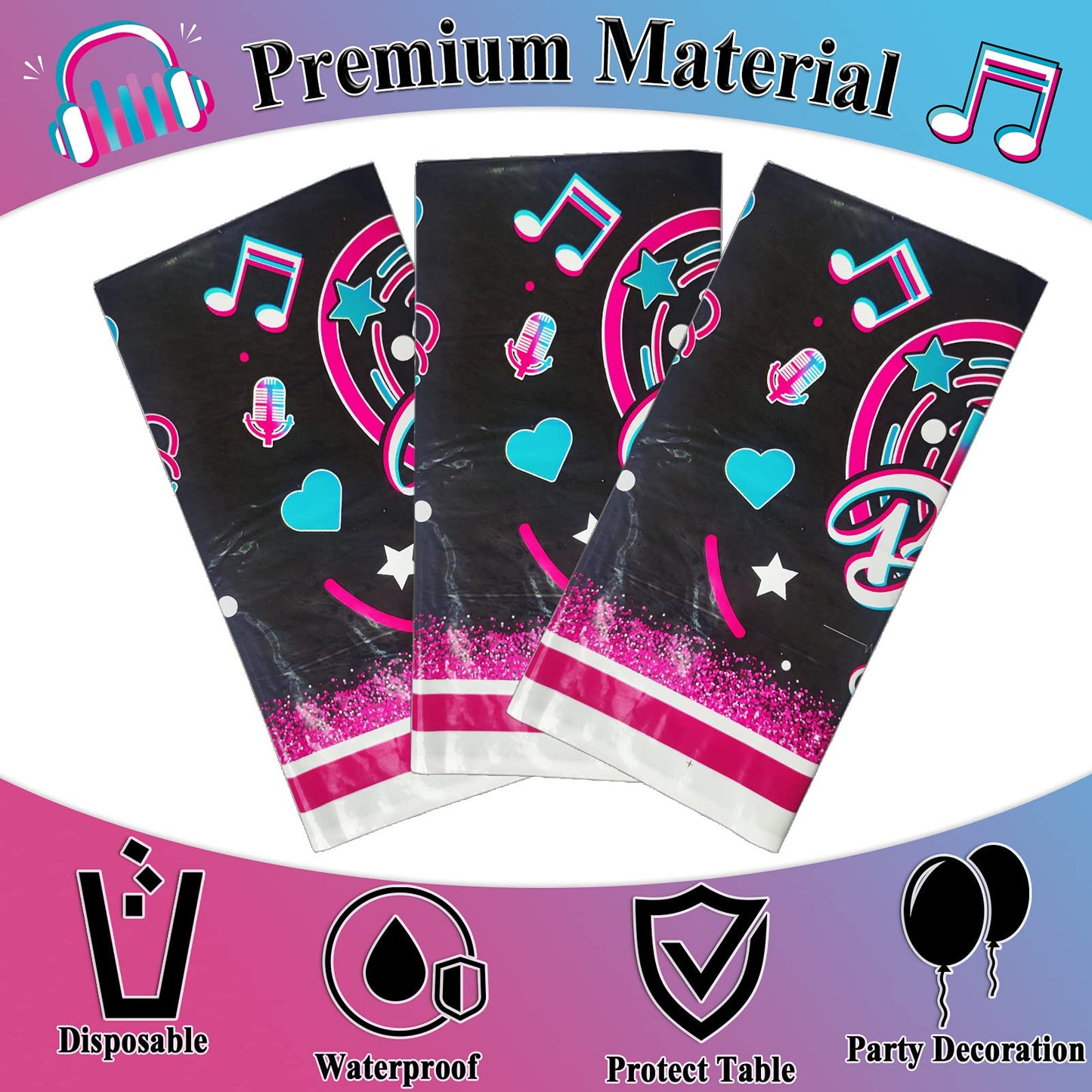 3 Pieces Music Party Tablecloth Happy Birthday Table Cover Decoration Music Note Social Media Themed Party Supplies Favor Disposable Plastic Tablecloth