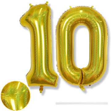 10Th Birthday Balloons For Boys, Large Laser Gold Foil Number 10 Balloons, 40'' Self Inflating Helium Balloons Anniversary Party