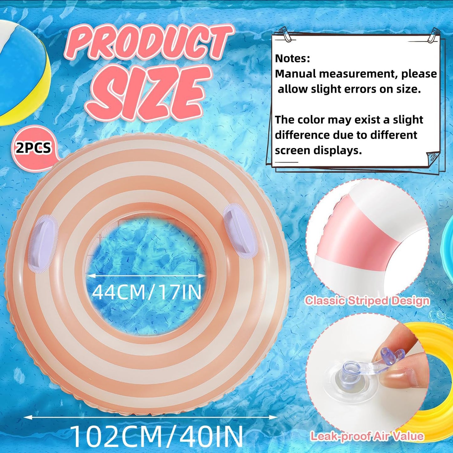 2PCS Pool Floats for mature-themed Striped Swim Ring Pool Floaties Inflatable Swimming Pool Raft Party Water Large Summer Beach Lounger Float Party Supplies (120#Multi Lollipop  2)