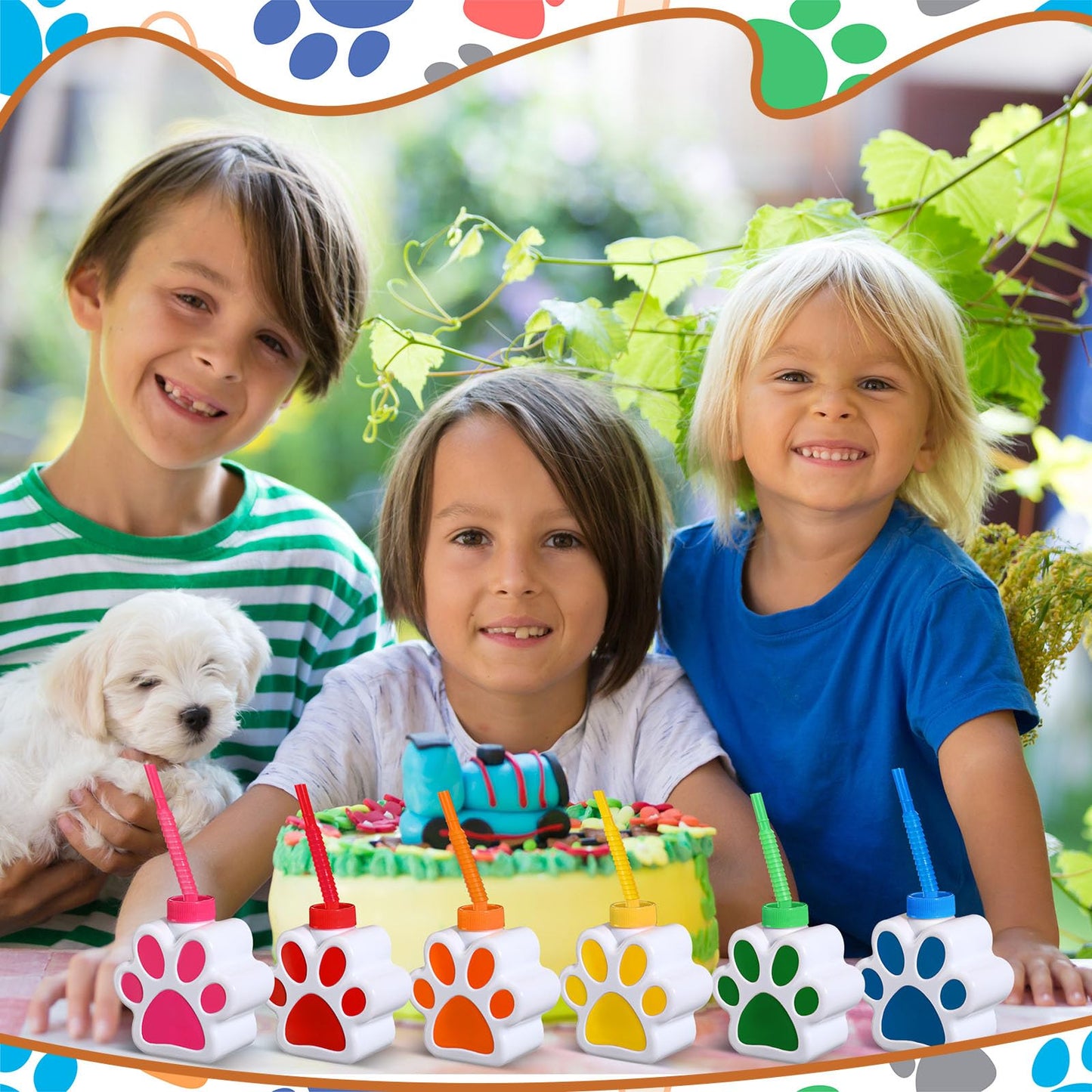 Sratte 10 oz Dog Paw Cups with Straw and Lid Dog Themed Birthday Party Supplies, Cute Print Plastic Puppy Drinking Cup Bulk for